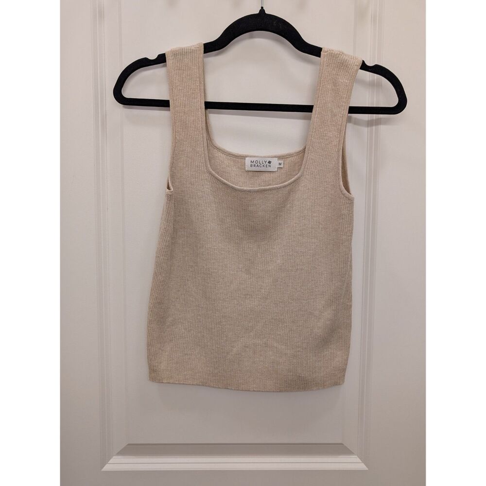 Molly Bracken Medium Beige Ribbed Knit Tank Top Square Neck Sleeveless Sweater